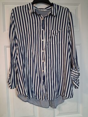 Jane and Delancey Blouse Navy and White Stripe Button-Down Shirt Casual Size XL